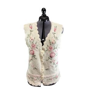 VTG Bobbie Brooks Sweater Vest Sz Medium Knitted Hand Embroidery Floral Country